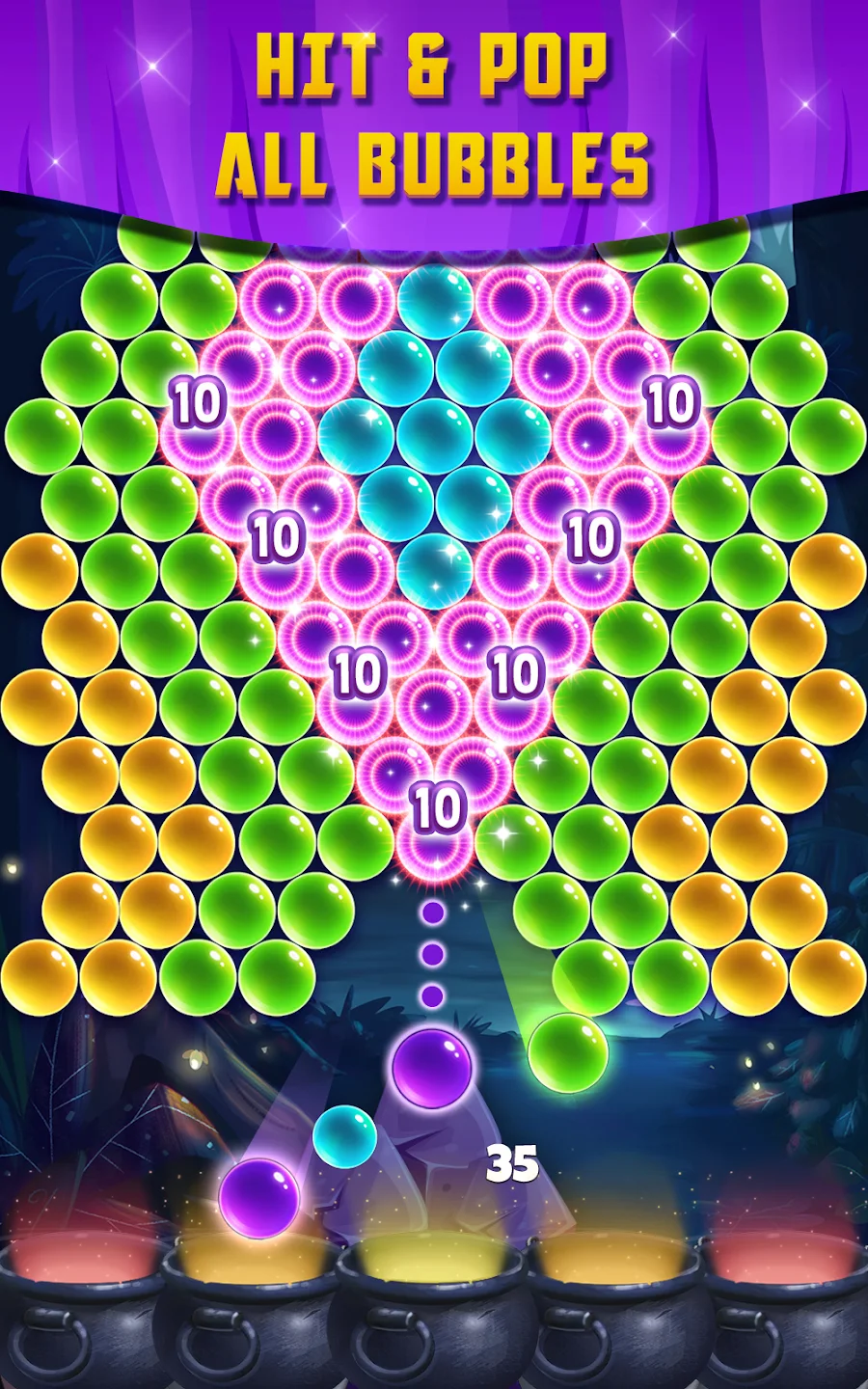 Colorful bubbles clustered above four cauldrons, with a purple shot lined up on the aim beam