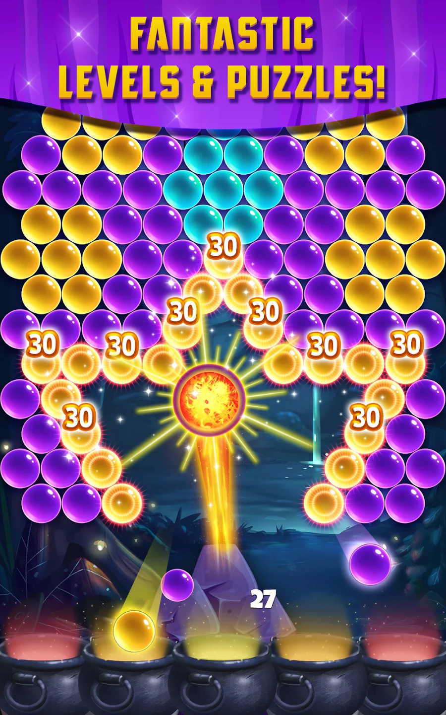 A bright burst in the center of a bubble board, with gold bubbles marked 30