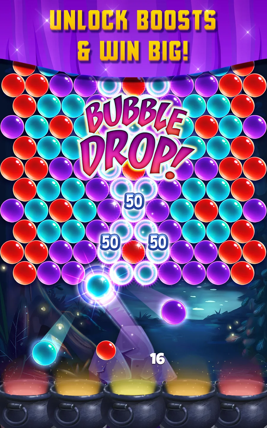 A Bubble Drop flashing across red, cyan, and violet bubbles over the cauldron row