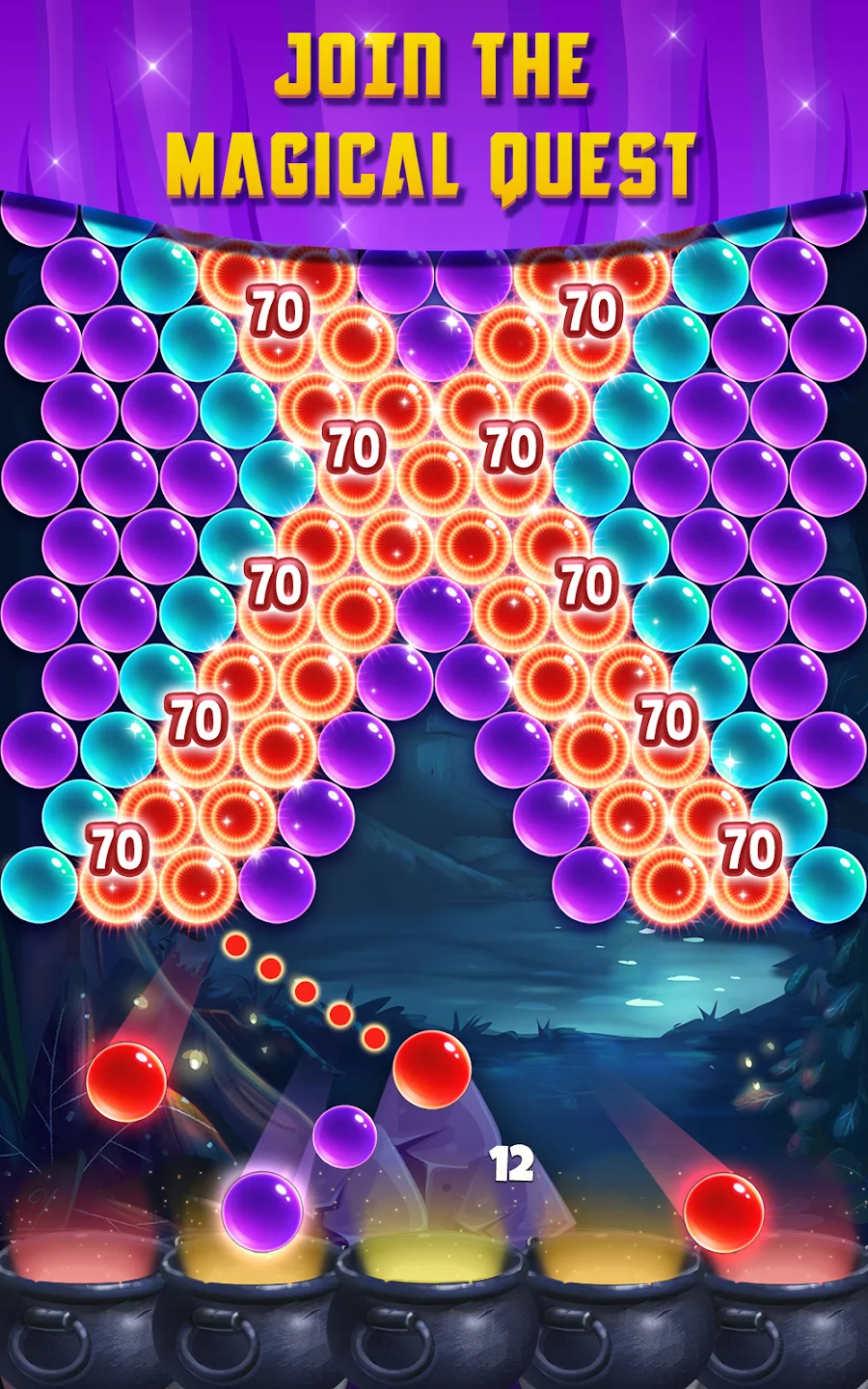 Red bubbles marked 70 opening on a night board while shots curve toward the pots